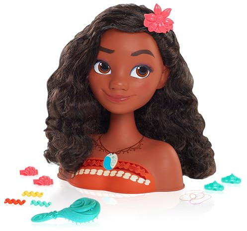 Disney Princess Moana Styling Head with Accessories, 14-pieces, Black Hair, Brown Eyes, Kids Toys for Ages 3 Up by Just Play