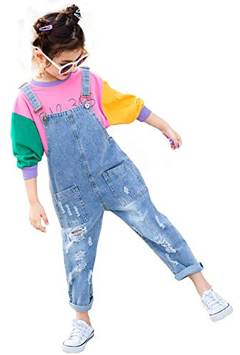 Yao 3-14Jahre Mädchen Jumpsuit & Strampler Big Kid Lätzchen Overalls Blau Verstellbare Gürtel Jeanshose (Basic, 11-12J)