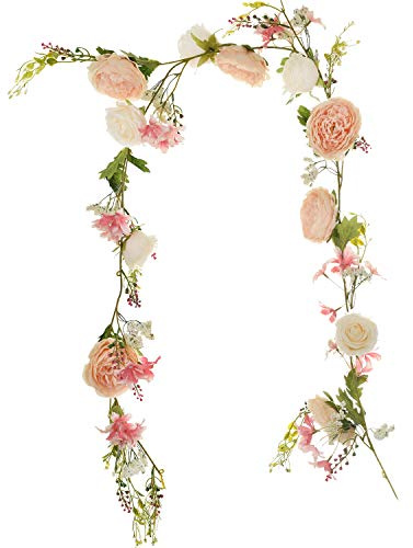 Lvydec Artificial Peony Flower Garland - 6ft Silk Peony Garland with Champagne and White Flowers for Wedding Party Table Decoration