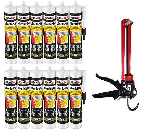 Isolbau Profi Folienkleber Set inkl. HQ Auspresspistole - Bauelastischer 1K Klebe-Dichtstoff zur Verklebung von Kunststofffolie, Dampfbremsen & Dampfsperren - 12 x 450 g