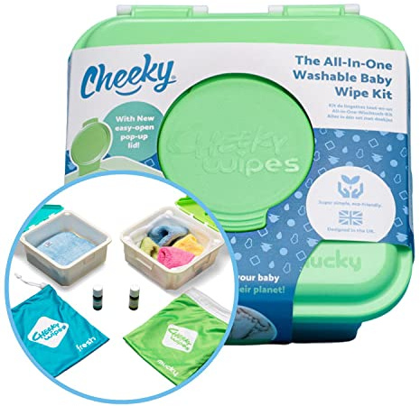 Cheeky Wipes Reusable Baby Wipe Kit - 25 Washable Rainbow Cotton Terry Wipes, 15x15cm with Soaking Box, Mucky Soaking Box & Fresh and Mucky Essential Oil for Soaking (10ml)
