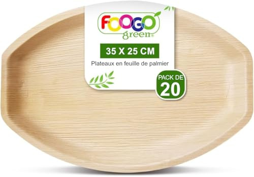 FOOGO Green 20 Plateaux Jetables Feuille de Palmier 35x25cm Ovales | Robustes et écologiques, Pizza, Entrées, Canapés, Planche charcuterie, Plats chauds, Alternative plateaux en bois