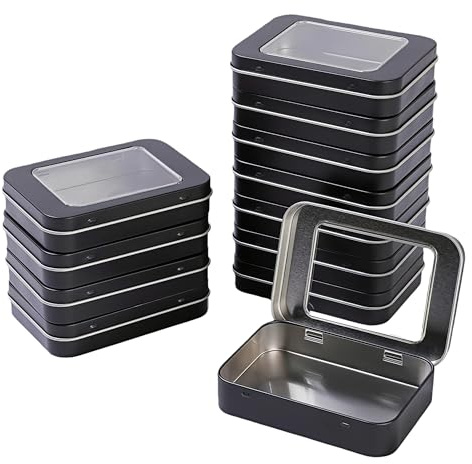 LJY 12 Pack Empty Rectangular Metal Storage Organizer Tins with Clear Window Hinged Lids for Gifts & Treasures (Black)