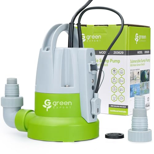 Green Expert 1/3HP Submersible Sump Pump with Unique Flow Sensor Switch Last-inch Water Drainage for Flooded Basement Backyard Pool Hot Tub Rain Barrel Easy to Use Backup Drain Pump 25-Foot Power Cord