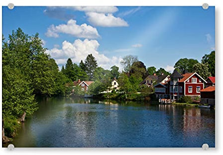 artboxONE Acrylglasbild 150x100 cm Natur Häuser am Fluss Bild hinter Acrylglas - Bild schweden Haus holzhaus