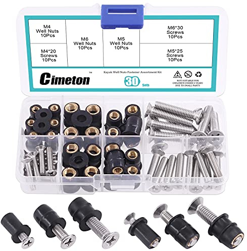 Cimeton 30 paia di dadi da pozzo M4 M5 M6 in neoprene con vite Pozidriv in acciaio inossidabile, bulloni in ottone e rame, kit di dadi per kayak, moto, barche (M4 x 20 mm, M5 x 25 mm, M6 x 30 mm)