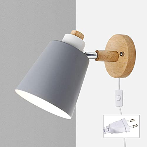 Wandstrahler Mit Kabel Für Steckdose Wandlampe E27 Holz Wandleuchte Mit Schalter LED Deko Wandbeleuchtung Für Schlafzimmer Treppenhaus Hotel Loft -Grau