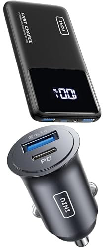 INIU Power Bank, 10000mAh Slimmest Fast Charge Powerbank & Carica Batteria per Auto, 60W Total Presa Accendisigari USB C PD & QC 3.0 Fast Charging