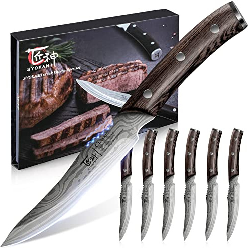 SYOKAMI Steak Knives Set of 6, 4.8 Inch Carbon Steel Japanese Style Non-Serrated Meat Knife with Damascus Pattern, Ergonomic Full-Tang Non-Slip Wooden Handle, Thanksgiving Christmas Cooking Gifts