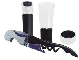 Set de 4 piezas: sacacorchos, bomba de vacío, servidor de vino y anillo antigoteo