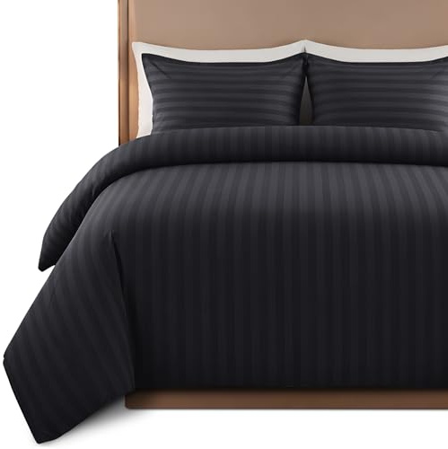 Hafaa Satin Stripe Double Duvet Set Black - Premium Hotel Quality Quilt Cover Bedding Sets - Hypoallergenic Ultra Soft Brushed Microfiber Bed Linen