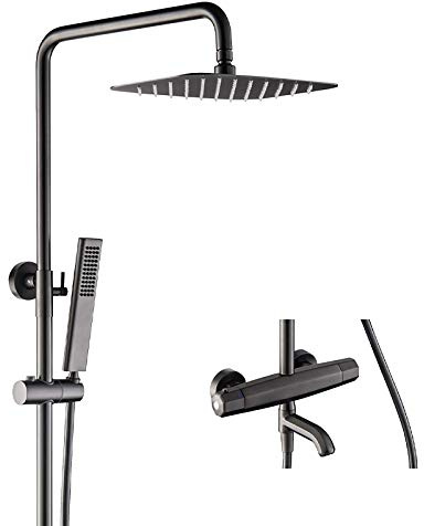 Système de douche à effet pluie Ensemble combiné de douche thermostatique Ensemble de robinet de douche de salle de bain noir avec pommeau de douche à effet pluie, douche à main, bec de baignoire