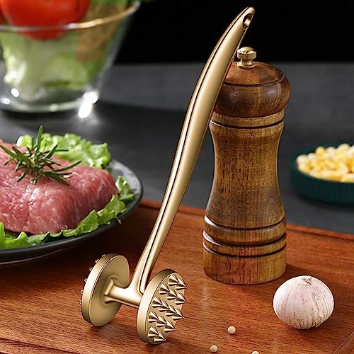 Ablandador de carne de metal resistente de acero inoxidable, diseño de doble cara, herramienta de cocina, mango de agarre, martillo para carne de res, pollo, pescado, cocina (redondo, dorado)
