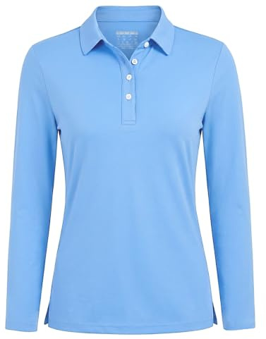 TACVASEN Chemises Polo pour Femmes à Manches Longues Hauts Respirants pour Sports Décontractés T-Shirts Polo Unis pour Golf Bleu Cascade,L