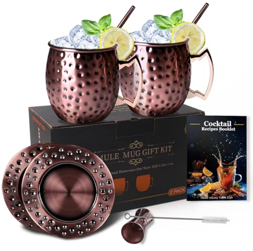 FAUHAL moscow mule mugs set of 2, large 18 ounces, copper cups for drinking,stainless steel mule mugs | Pure Copper Plating | Brass Handles，Ideal Choice for Chilled Cocktail Drinks(bronze02)