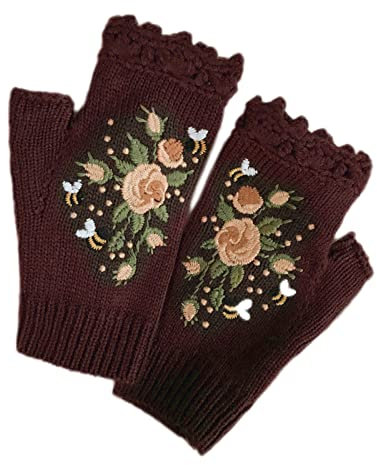 Handschuhe für Damen, gehäkelt, gestrickt, fingerlos, niedlich, bunt, Blumenstickerei, Daumenloch, Text, Fäustlinge, Armwärmer