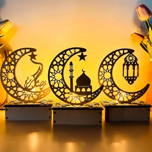 3 Stück Ramadan Deko Laterne, LED Ramadan Mubarak Dekoration Eid Mubarak Holz, LED Mond Stern Deko Teelichthalter Eid Deko Muslimische Deko, DIY Ramadan Dekoration Für Schlafzimmer Tisch Deko
