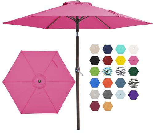 JEAREY 7.5FT Patio Umbrella Market Table Umbrella with 6 Sturdy Ribs, Push Button Tilt/Crank Outdoor Umbrella for Garden, Deck, Backyard, Pool and Beach,Rose Pink