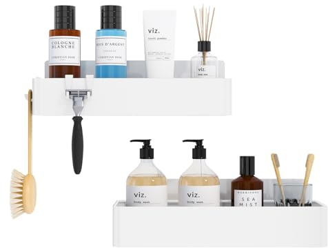 Kitsure Shower Caddy Adhesive, Quick-Dry Bathroom Organizer, Large, White | 2 Pack Rustproof Metal Shower Shelves, Drill-Free Bathroom Accessories Mount, 4 Hooks Storage, Quick Drain & Large Capacity