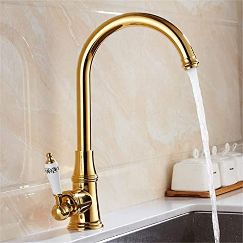 Küchenspüle-Wasserhahn, Warm- und Kaltwasser-Mischbatterie, Kran-Deckmontage, verchromtes Kupfer, 360-Grad-Drehgelenk, Kalt- und Warmwasser-Mischbatterie, Einzelgriff mit Luftsprudler, Golden (Color