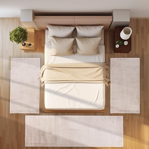 SIMPEX Bettvorleger Schlafzimmer Teppich Läufer Flur Bettumrandung Teppich Küchenläufer Kurzflor 3 Teiliger Set Boho Stil Modernes Design Soft Weich, Beige