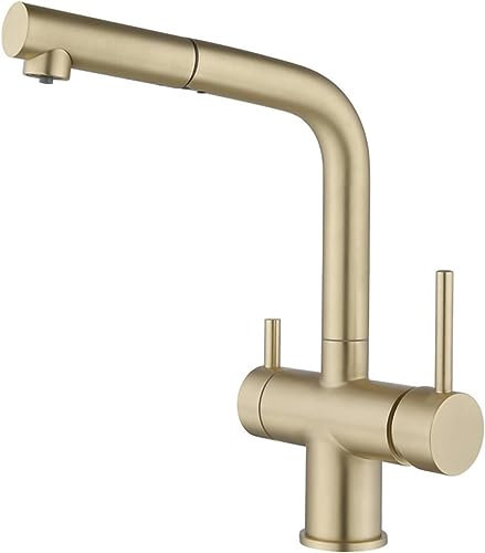 3 Way Kitchen Tap Dual Lever Kitchen Mixer Tap with Pull Out Spray 360 Degree Swivel Spout 3 Way Kitchen Tap with Water Filter Way Drinking Water, Brushed-Brushed Gold
