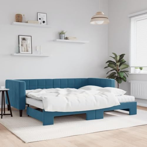 CKioict Palettenbett Modernes Bettgestell Jugendbett Tagesbett Ausziehbar mit Matratzen Blau 90x200 cm SamtGeeignet für Gästezimmer, B&Bs, Schlafzimmer