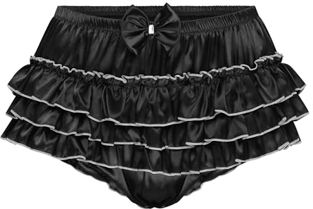 Satini Frilly Sissy Ruffled French Knickers Briefs Lingerie Silky Satin Underwear Panties (Black, M)