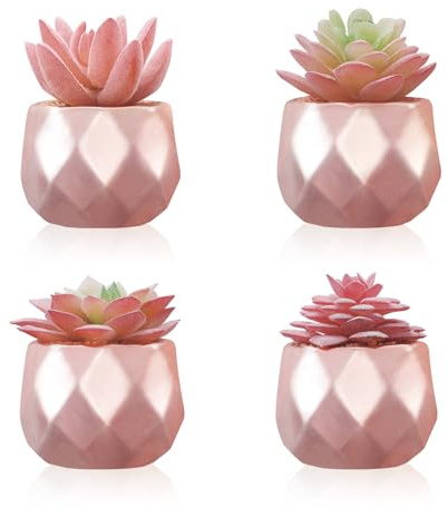 Tiita 4 Pack Artificial Faux Succulents in Pots, Mini Rose Gold Fake Plants for Women Desk, Small Realistic Faux Succulents for Home Office Accessories Window Sill Bathroom Bedroom, Rose Gold