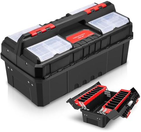 Auto Dynasty Tool Box Set Portable 2-layer Folding Toolbox with Non-slip Handle Tray for Garage, Workshop and On-the-Go Repairs, Red/Black