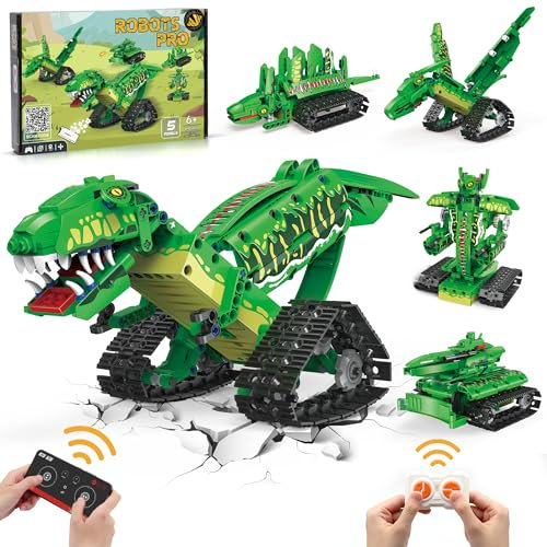AKWME 5 IN 1 Technik Roboter Dinosaurier Baukasten Spielzeug mit APP & 2.4 GHz Fernbedienung, DIY Dinosaurier STEM Spielzeug Programmierbare Geburtstags Geschenke für Kinder Jungen ab 6-12 Jahre