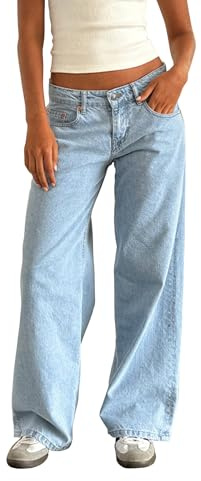 Mugoebu Women's Boyfriend Jeans - Wide Leg, Straight Leg, Low Waist, Baggy Jeans - Casual, Loose - Light Blue, S