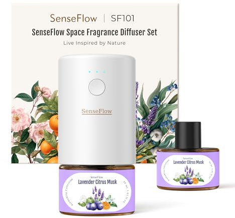 SenseFlow Aroma Diffuser für Ätherische Öle SF101, Wasserloser Ultraschall Duftstecker Raumduft, 100% pflanzlich Lufterfrischer, 120-Tage Aroma für Zuhause - bis zu 100 m² - Lavendel Zitrus Moschus