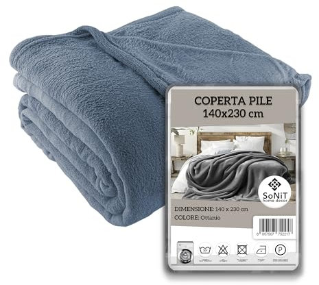 SONIT - Plaid Divano in Pile per Divano e Letto Singolo - Coperta in Pile Autunnale e Invernale - Coperta 140x230 - Plaid Singolo Ottanio
