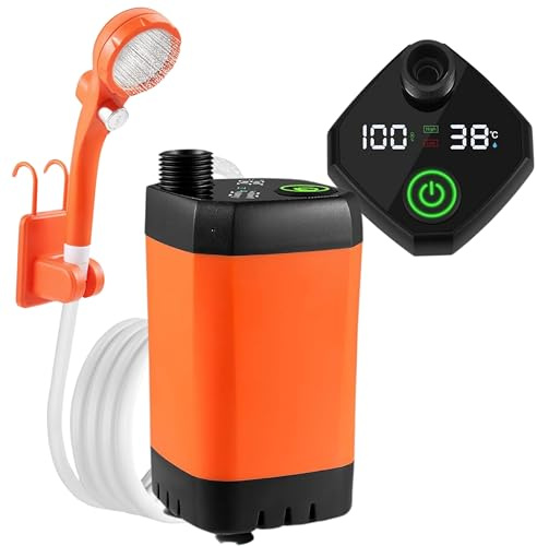 FUTURA8 Doccia Portatile Ricaricabile, Doccia da Campeggio, Doccia Esterna per Camper Van Auto e Giardino, Pompa a Batteria 6000 mAh, Tubo 2 m, 3 modalità di Pressione, Display Digitale Temperatura