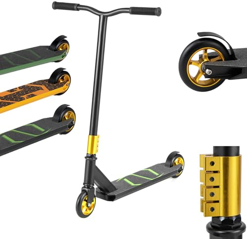 GYMAX Patinete de Acrobacias, Patinete 2 Ruedas con Barra T Metálica Reforzada, Cubierta de Aleación Ligero, Rodamientos ABEC-7, Patinete para Trucos para Niños de 10 Años, Adolescentes (Negro)
