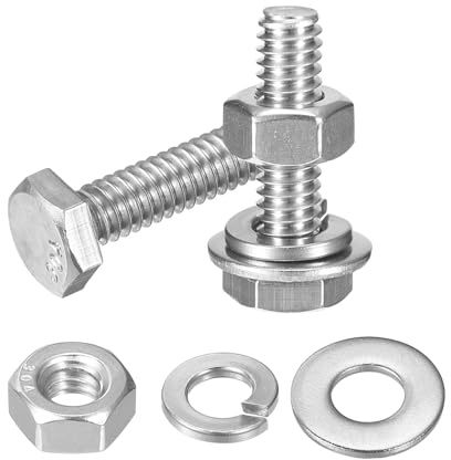 sourcing map 10 Set Sechskantmuttern und Schrauben Sortiment Kit, 304 Edelstahl 1/4-20 Zoll Sechskantschrauben mit 1/4 Zoll Muttern und Unterlegscheiben für Bau, Maschinenherstellung