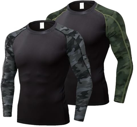 LNFINTDO Kompressions-Tops für Herren, langärmelig, schnelltrocknend, Sport-Tops für Workout, athletisches Training, Radfahren, Fitnessstudio, 2 Stück, Camouflage-Grün + Camouflage-Schwarz, M