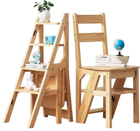 Sedia con scaletta Pieghevole - Sgabello con scaletta Pieghevole - Libreria per Ufficio, libreria, Sedia con scaletta, Supporto per Piante per riporre Oggetti e Decorazioni - Legno massello