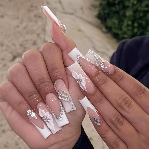 24 PCS Lang Ballerina Weiße Fingernägel zum aufkleben in French Nails - Press On Design mit Strasssteinen und Blumen, Acryl Klebe Fake Nail für Frauen künstliche Nägel - Coffin False Näils design