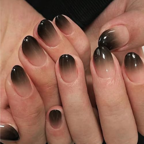 KQueenest Ombre Black Press on Nails Short Oval, Short False Nails Almond, Glossy Gradient Black Fake Nails Set, Reusable Almond Natural Gel Stick on Nail for Women Finger Decoration 24 Pcs