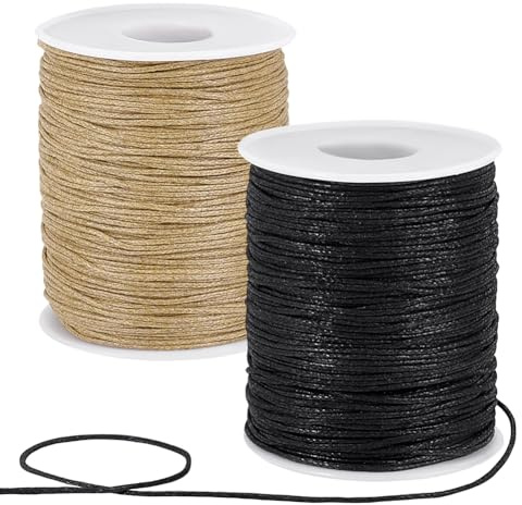 PH PandaHall 200 Yards 1mm Waxed String, Waxed Cotton Cord Wax Cord | Beading Thread Wax Threads Twine for Bracelet String Macrame Sewing Project Dreamcatcher Jewellery Making, Burlywood & Black