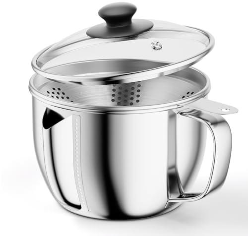 Fettabscheider Edelstahl 304 1000ml mit Sieb und Glasdeckel, Fetttrennkanne Ölfilter für Suppe Soße Brühe, Tropffrei Fettreduktion Küchenhelfer Gesund Kochen