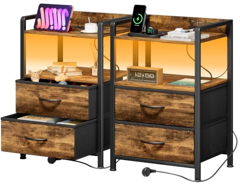YOUDENOVA Comodino Camera da Letto, Set di 2 Comodini con Luci LED, Presa di Corrente e 2 Porte USB, ComodinI Moderno con 2 Cassetti in Tessuto e 2 Livelli, 30 x 40 x 62cm, Venatura Fiammata&Nero