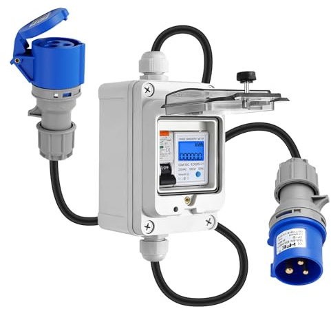 Eirolace Mobiler Digitaler Stromzähler 230VAC 16A, Stromzähler für Steckdose, mit Typ A FI Schutzschalter und CEE 3 Pin 16A Stecker, Mobile Outdoor KWH Messgerät für Wohnmobile Elektrofahrzeuge
