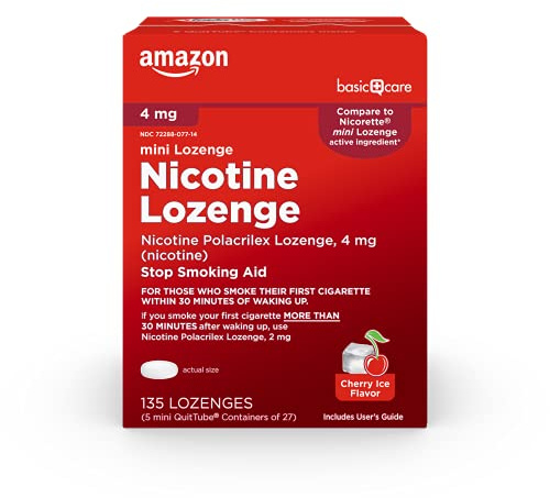 Amazon Basic Care Mini Nicotine Polacrilex Lozenge, 4 mg, Cherry Ice Flavor, Stop Smoking Aid, Reduces Withdrawal Symptoms, Reduces Cravings, 135 Count