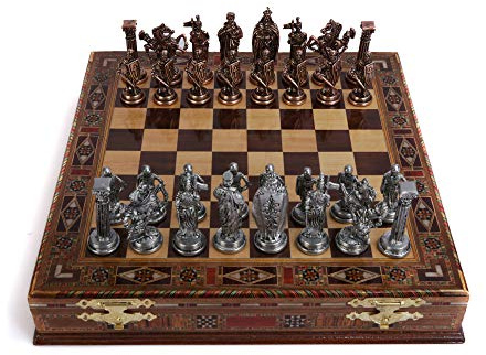 GiftHome Royal Medieval British Army Set di scacchi in metallo di rame antico per adulti pezzi fatti a mano e scacchiera in legno massello naturale con contenitore interno per letto king size 835 cm