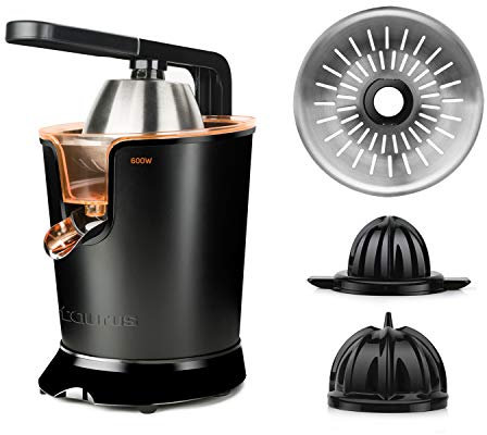 Taurus Easy Press 600 - Exprimidor eléctrico de palanca. 600W. Motor AC. 2 conos para todos los cítricos. Filtro de acero inoxidable. Fácil limpieza. Desmontable. 650 ml.