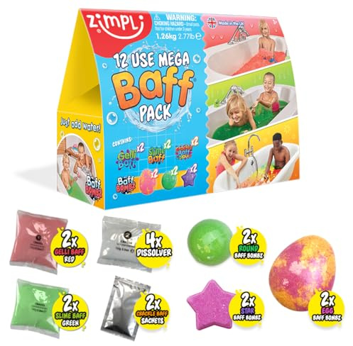 Zimpli Kids - 12 Use Mega Baff Pack, 6 x Badebomben, 2 x Gelli Baff, 2 x Slime Baff & 2 x Crackle Baff, Kinder Wert Sensorisches Badespielzeug Geschenkset, Geburtstagsgeschenk für Jungen & Mädchen