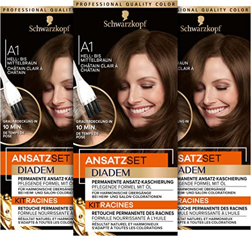 Diadem Ansatzset A1 Hell- bis Mittelbraun (22 ml), dauerhafte Haarfarbe zum Haaransatz kaschieren in nur 10 Minuten, Ansatzfarbe mit ölhaltiger, pflegender Formel